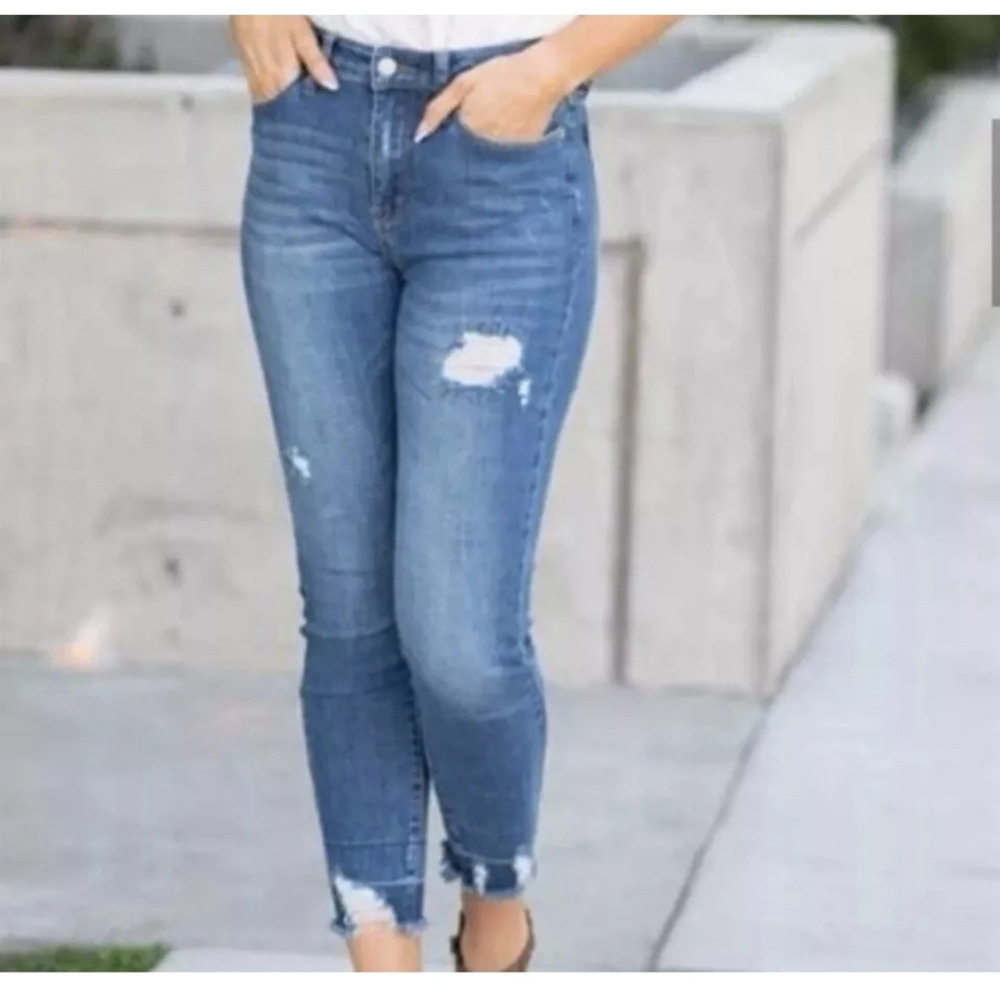 Judy Blue 8847 Blue Denim Destroyed High Rise Released Hem Skinny Jeans Sz 5‎ 27
